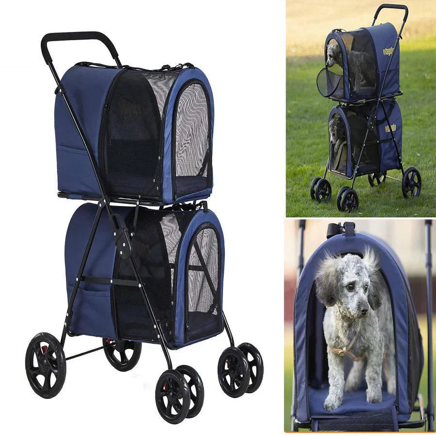 00122cc6568e647ea13482bb2f86d8c8b9f2222e58789366012f9fdaeb25a6d3 42 Double Pet Stroller for 2 Dogs & Cats,4 Wheels Dog Strollers Folding Travel Cat Stroller with Suspension System,Navy Blue