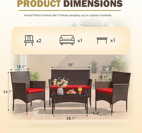 4 Pieces Patio Rattan Chair Wicker, Outdoor Indoor Use Backyard Porch Garden Poolside Balcony Furniture Sets (Red)