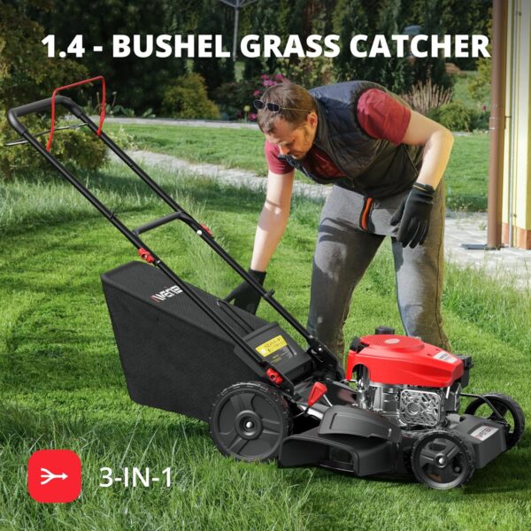 21" Steel Deck Gas Lawn Mower, Heavy-Duty 3-in-1 Push Mower, 144cc 4-Stroke Engine, 6-Position Height Adjustment, Large 1.4 Bushel Grass Catcher,...