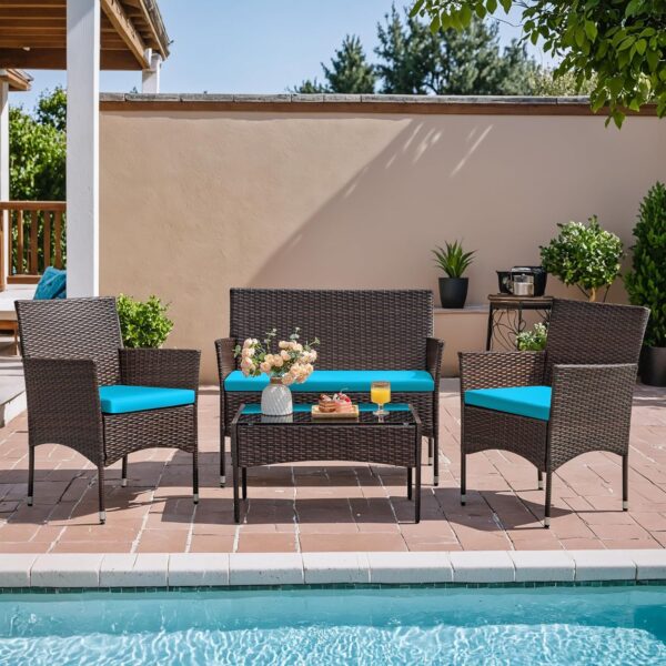 4 Pieces Patio Rattan Chair Wicker, Outdoor Indoor Use Backyard Porch Garden Poolside Balcony Furniture Sets (Red)