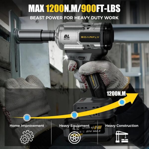 Cordless Impact Wrench, 1200Nm(900ft-lbs) High Torque 1/2'' Impact Wrench, 21V Brushless Electric Impact Gun with 2Pcs 4.0Ah Batteries, 1 Hour...