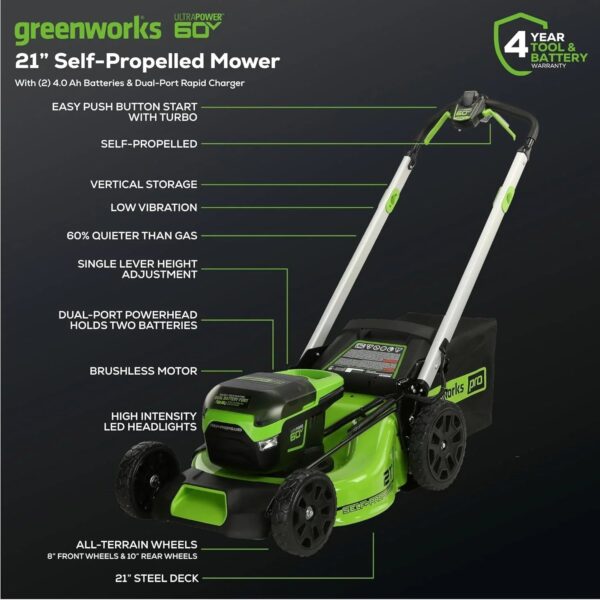 60V 21 Cordless (Self-Propelled) Lawn Mower , 2 x 4.0Ah Batteries and Dual Port Rapid Charger