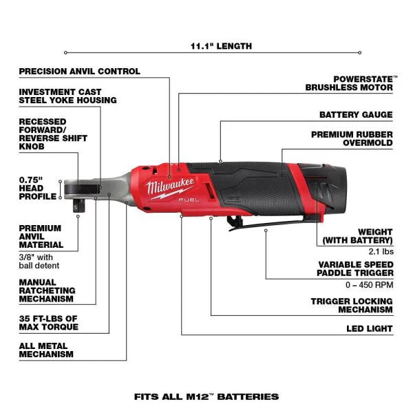 2567-22 M12 FUEL 12V Lithium-Ion Brushless Cordless High Speed 3/8 in. Ratchet Kit w/(2) Batteries, Charger and Bag