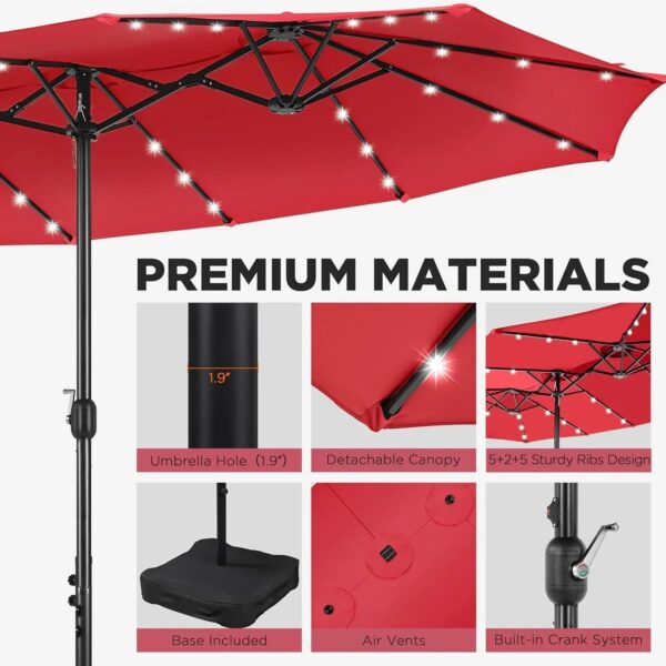 15 ft Large Patio Umbrella with Solar Lights Double-Sided Outdoor Rectangle Market Umbrellas with 36 LED Lights/Base Included/Easy Crank for Patio...