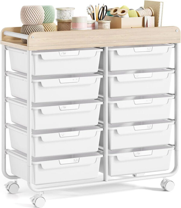 Rolling Storage Cart with 10 Large Drawers, Utility Cart with Wooden TableTop for Craft Organizers, Art Supply Storage, Home Office Organization,...
