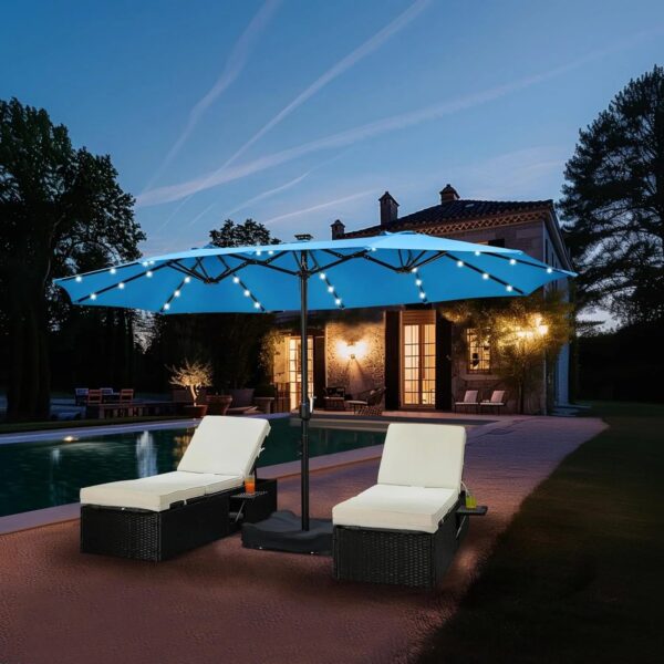 15 ft Large Patio Umbrella with Solar Lights Double-Sided Outdoor Rectangle Market Umbrellas with 36 LED Lights/Base Included/Easy Crank for Patio...