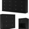 3-Pc Scandinavian Design Engineered Wood Bedroom Furniture Set with 3-Drawer Chest & 6-Drawer Double Dresser & 1-Drawer Nightstand, Pewter Plastic...
