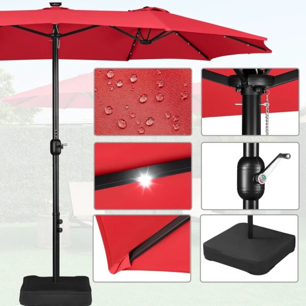 15 ft Large Patio Umbrella with Solar Lights Double-Sided Outdoor Rectangle Market Umbrellas with 36 LED Lights/Base Included/Easy Crank for Patio...