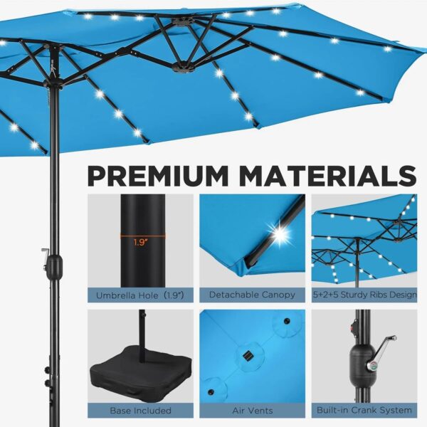 15 ft Large Patio Umbrella with Solar Lights Double-Sided Outdoor Rectangle Market Umbrellas with 36 LED Lights/Base Included/Easy Crank for Patio...