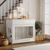 Wooden dog cage furniture, indoor kennel, with flip-up door, 360 rotating dog bowl and storage drawer, suitable for medium to large-sized dogs,...