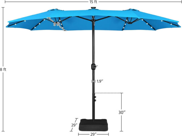 15 ft Large Patio Umbrella with Solar Lights Double-Sided Outdoor Rectangle Market Umbrellas with 36 LED Lights/Base Included/Easy Crank for Patio...