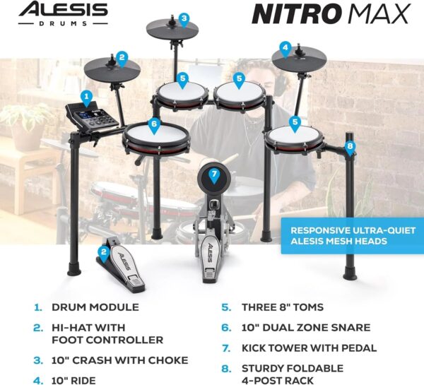 Nitro Max Electric Drum Set with Mesh Pads & Bluetooth