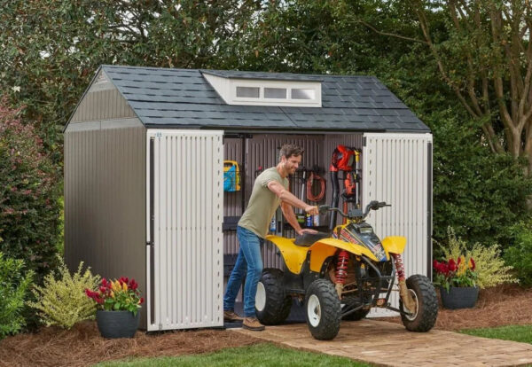 Rubbermaid Resin Outdoor Storage Shed With Floor (7 x 7 Ft) Weather Resistant Gray Organization for Home/Backyard/Garden Tools/Lawn Mower/Bike...