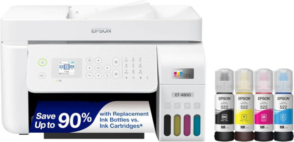 Epson EcoTank ET-4800 Wireless All-in-One Inkjet Printer, Scanner, Copier, Fax, ADF, Ethernet, White