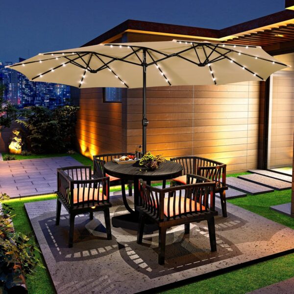 15 ft Large Patio Umbrella with Solar Lights Double-Sided Outdoor Rectangle Market Umbrellas with 36 LED Lights/Base Included/Easy Crank for Patio...
