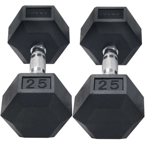 Inspire Fitness 210 lb. (5-30 lb.) Rubber Dumbbell Set with 6 pair Vertical Rack