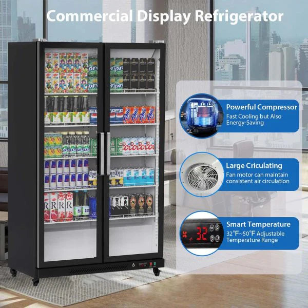 Commercial Refrigerator, Glass Door with LED Lighting Upright Beverage Display Cooler for Home, Store, Gym, or Office, Featuring Double Swing...