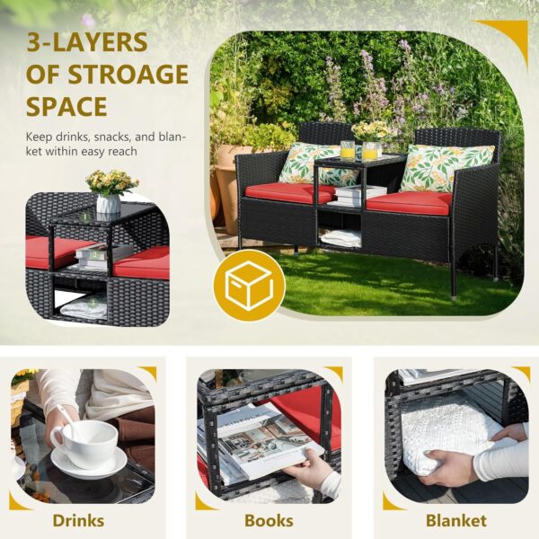 Flamaker Outdoor Furniture Patio Loveseat Wicker 2-Seat with Built-in Table and Cushions Rattan Porch Chairs Bench for Balcony, Lawn, Backyard (Beige)