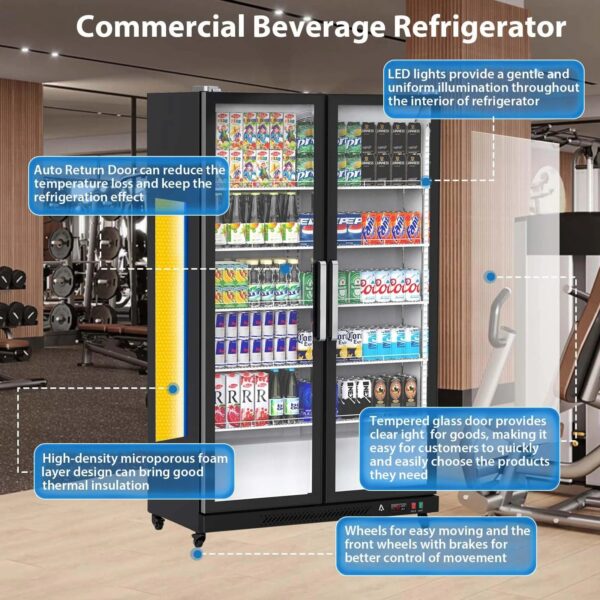 Commercial Refrigerator, Glass Door with LED Lighting Upright Beverage Display Cooler for Home, Store, Gym, or Office, Featuring Double Swing...