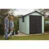Oakland 7 x 7 FT Rustic Worn Wooden Texture Storage Shed with High Ceiling And Victorian Window