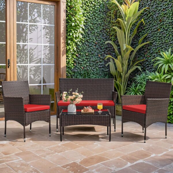 4 Pieces Patio Rattan Chair Wicker, Outdoor Indoor Use Backyard Porch Garden Poolside Balcony Furniture Sets (Red)