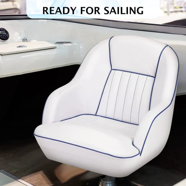 Pontoon Boat Seat, Captains Bucket Boat Seat, Back Folding Boat, Boat Cabin Seating White & Blue
