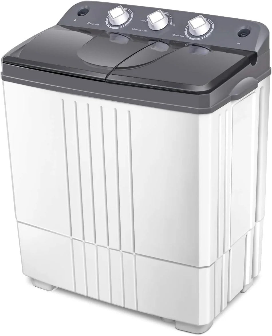 Portable washing machine, capacity 20 pounds, combined design, with the washing machine weighing 12 pounds and the spin dryer weighing 8 pounds....