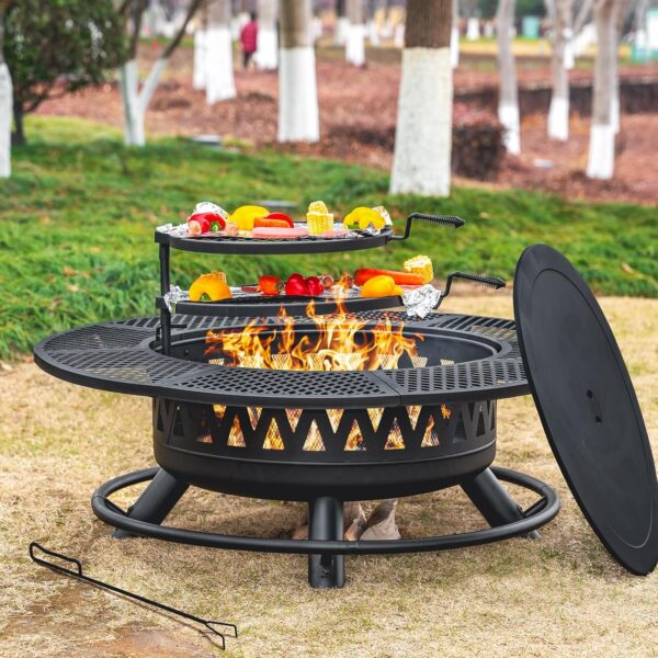 47 Inch Fire Pit with 2 Grills, Outdoor Extra Large Firepits for Outside, Wood Burning Fireplace for Camping,Picnic,Bonfire, 3-in-1 Round Metal...