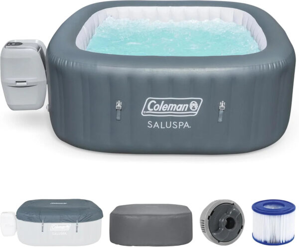 4 to 6 Person Inflatable Hot Tub Square Portable Outdoor Spa with 114 Soothing AirJets and Insulated Cover, Gray-Coleman
