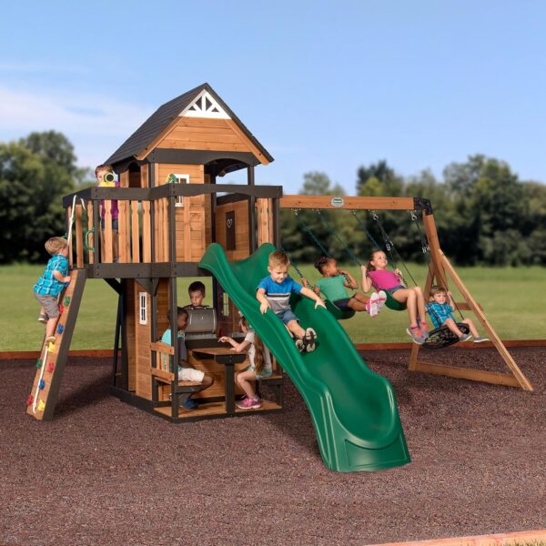 Backyard Discovery Canyon Creek Cedar Wood Swing Set with Wave Slide, Clubhouse, Play Kitchen, Picnic Area, Belt Swings, Web Swing, Rock Wall,...