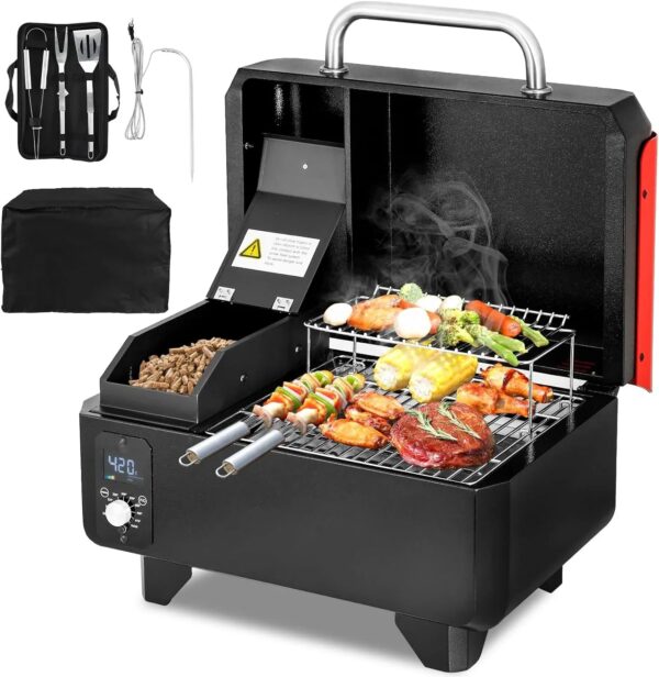 Portable Wood Pellet Grill and Smoker,Electric Outdoor 8 in 1 Tabletop Grills for RV Camping Tailgating RV Cooking BBQ, Intelligent Temperature...