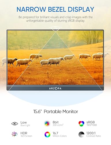 ARZOPA Portable Monitor, 15.6'' 1080P FHD Laptop Monitor USB C HDMI Computer Display HDR Eye Care