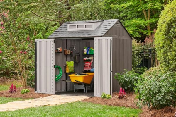 Rubbermaid Resin Outdoor Storage Shed With Floor (7 x 7 Ft) Weather Resistant Gray Organization for Home/Backyard/Garden Tools/Lawn Mower/Bike...