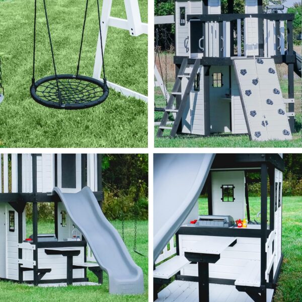 Backyard Discovery Canyon Creek Cedar Wood Swing Set with Wave Slide, Clubhouse, Play Kitchen, Picnic Area, Belt Swings, Web Swing, Rock Wall,...