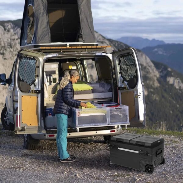 48 Qt. Portable 12v Electric Cooler with LG Compressor, Fridge and Freezer, Rugged Wheels, and Solar Power Input, Perfect Plug-In Cooler for...