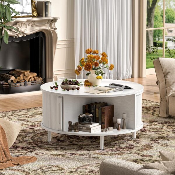 Round Coffee Table, 31.5" Fluted Center Table with Storage, Lift-Top Coffee Table with Adjustable Footpads, Sliding Door, Mid-Century Modern...