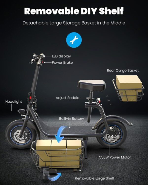 Electric Scooter with Large Basket, 550W Motor