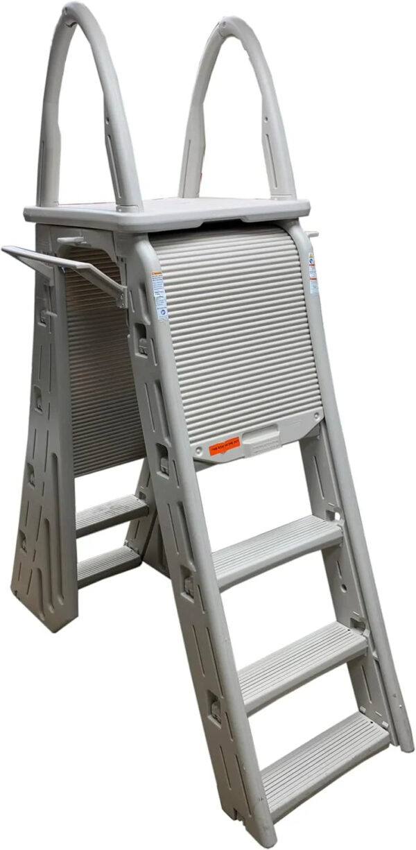 Confer Plastics 7200 Roll Guard 48" to 56" Adjustable A Frame Safety Ladder for Above Ground Outdoor Patio Swimming Pool Platform Ladder with Step...
