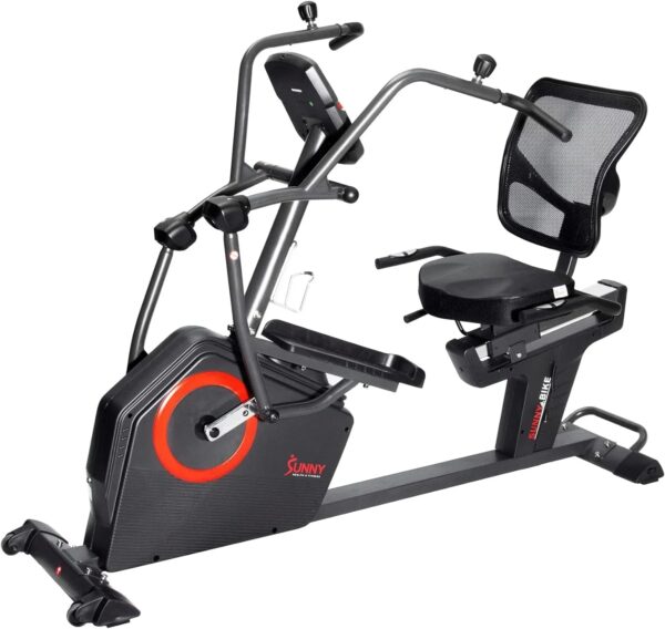 Sunny Health & Fitness Electromagnetic Recumbent Cross Trainer Exercise Elliptical Bike w/Arm Exercisers, Easy Access Seat & Exclusive SunnyFit...