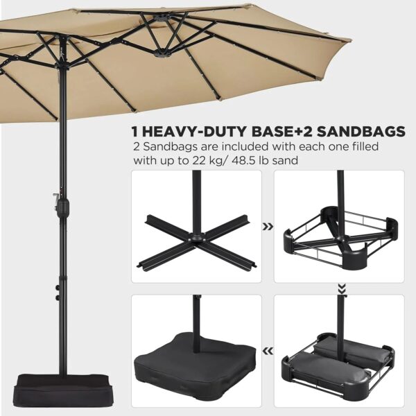 15 ft Large Patio Umbrella with Solar Lights Double-Sided Outdoor Rectangle Market Umbrellas with 36 LED Lights/Base Included/Easy Crank for Patio...