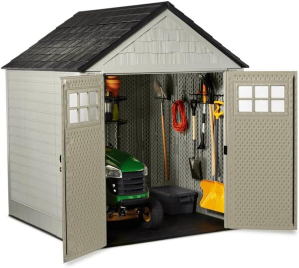 Rubbermaid Resin Outdoor Storage Shed With Floor (7 x 7 Ft) Weather Resistant Gray Organization for Home/Backyard/Garden Tools/Lawn Mower/Bike...