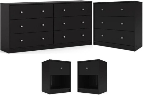 3-Pc Scandinavian Design Engineered Wood Bedroom Furniture Set with 3-Drawer Chest & 6-Drawer Double Dresser & 1-Drawer Nightstand, Pewter Plastic...