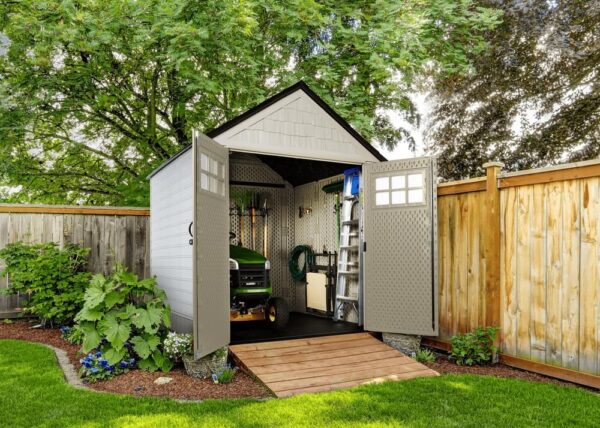 Rubbermaid Resin Outdoor Storage Shed With Floor (7 x 7 Ft) Weather Resistant Gray Organization for Home/Backyard/Garden Tools/Lawn Mower/Bike...