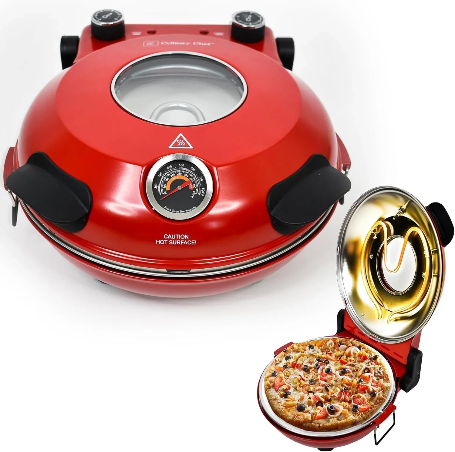 Electric Pizza Oven with Ceramic Stone, Viewing Window, Adjustable Heat Control, Timer and 1200W Baking Power, DIY Homemade Pizzeria, Large 12 Pie...