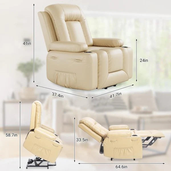 PU Leather Power Lift Recliner Chair With Massage and Heat, Adjustable Furniture for Back, Legs w/ 3 Positions, Usb Port, Side Pocket (Beige, 27...