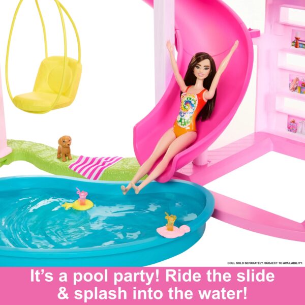 Barbie Dreamhouse Pool Party Playset with 3-Story Slide, 75+ Pieces, and Pet-Friendly Features