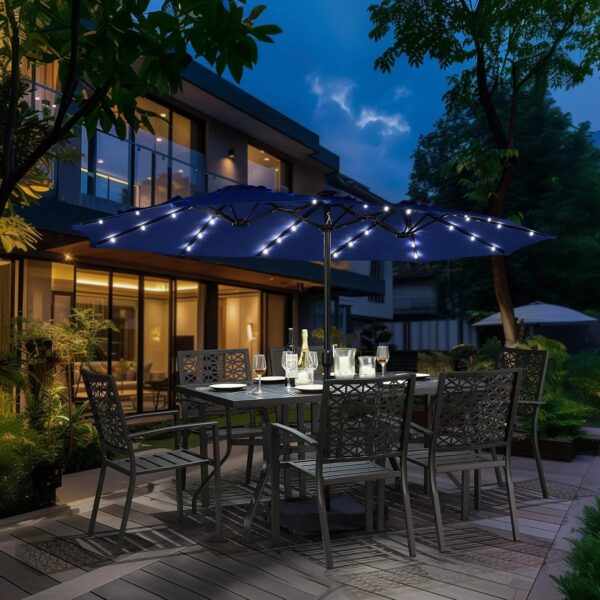 15 ft Large Patio Umbrella with Solar Lights Double-Sided Outdoor Rectangle Market Umbrellas with 36 LED Lights/Base Included/Easy Crank for Patio...
