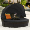 Outdoor daybed, rattan round daybed with sunshade canopy, patio set with cushions and adjustable coffee table, rattan patio furniture, suitable...