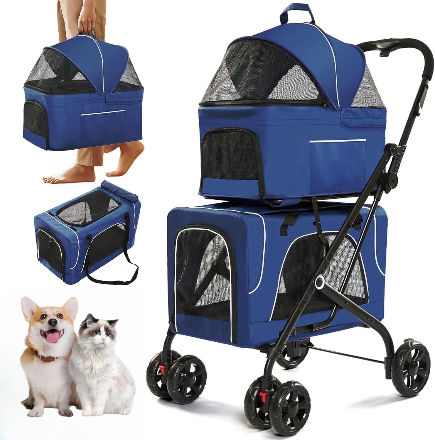 Double Dog Stroller for 2 Dogs, Detachable Carriers, Safety Belt, Lockable Wheels, Pet Travel Carrier Strolling Cart, Folding Cat Stroller for...