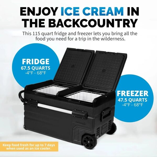 48 Qt. Portable 12v Electric Cooler with LG Compressor, Fridge and Freezer, Rugged Wheels, and Solar Power Input, Perfect Plug-In Cooler for...